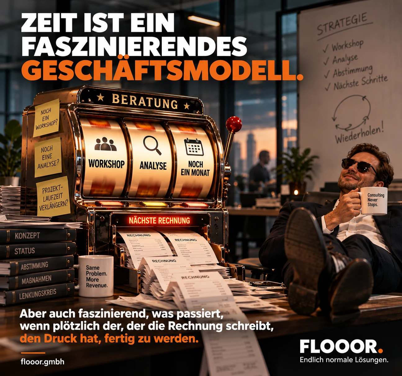 FLOOOR Kampagnenmotiv: Berater mit Sonnenbrille und Beratungsmaschine